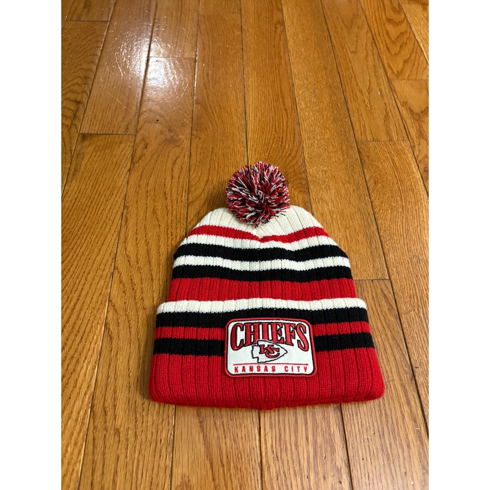 Kansas City Chiefs NFL Team Apparel Striped Cuffed Pom Beanie Red White Black